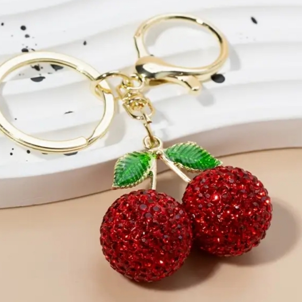 RED CHERRY / GOLD PURSE CHARM/KEY FOB 4 IN